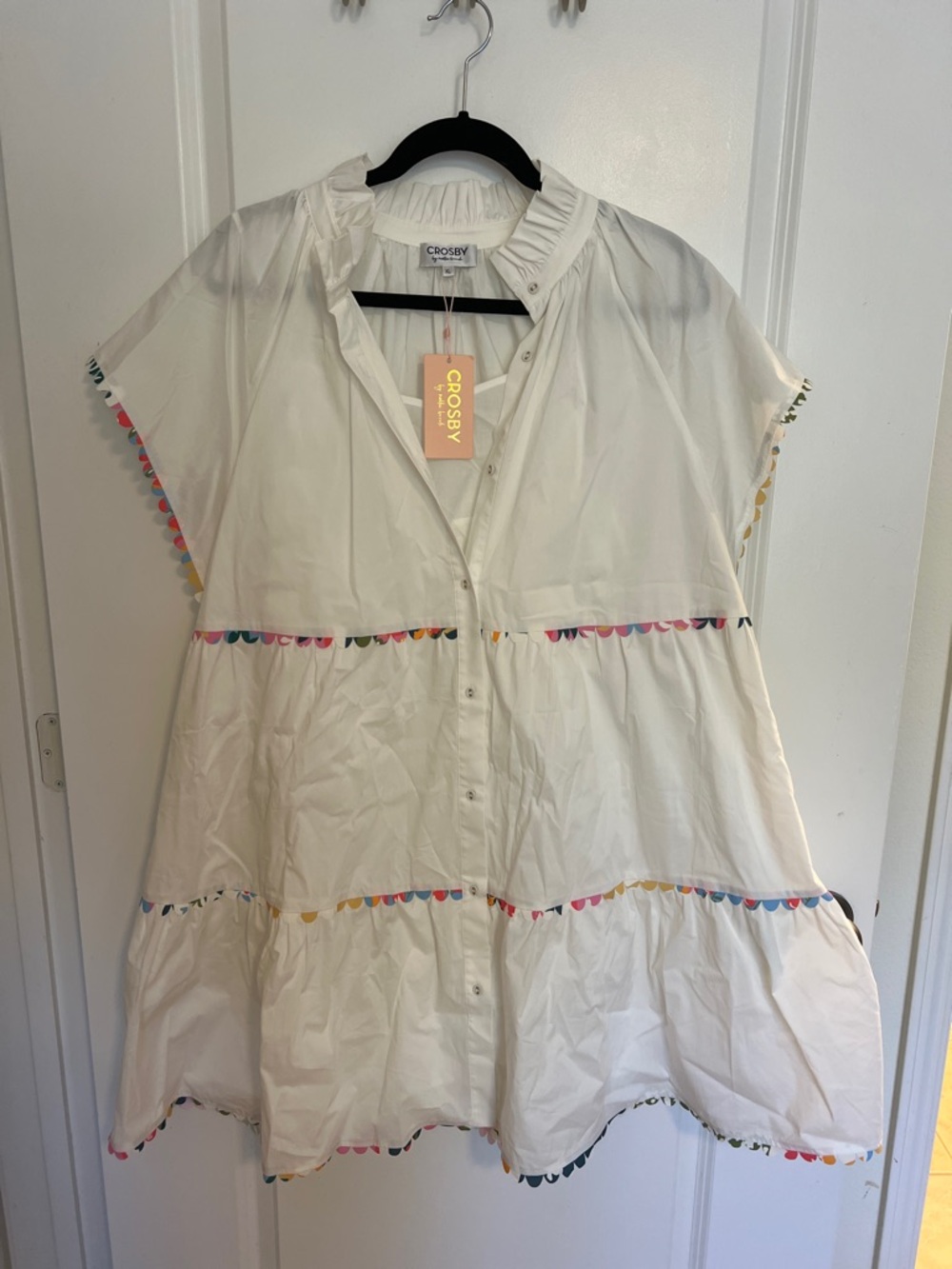 crosby White Cotton Button-Front Dress with Multicolor Scallop Trim